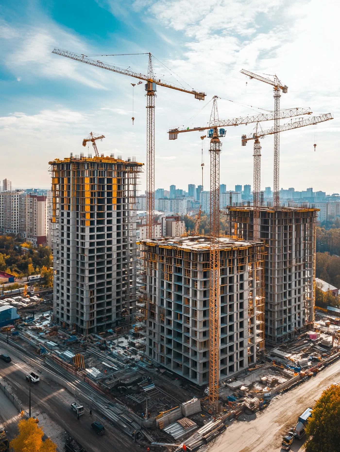 Residential towers under construction with tower cranes