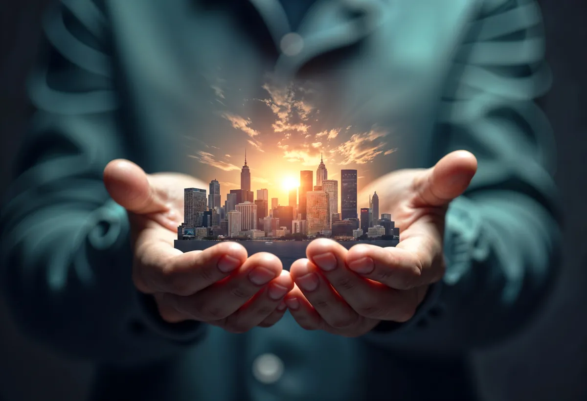 Hands holding a city skyline, representing real-asset investment