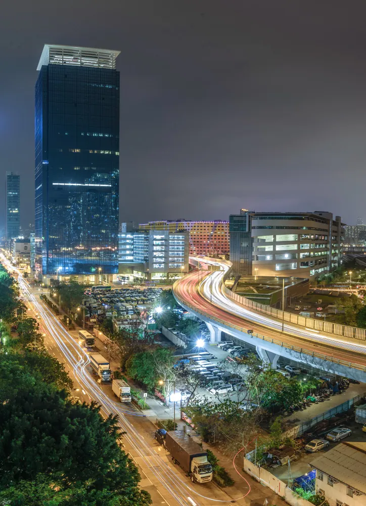 Commercial tower at night in an Indian city